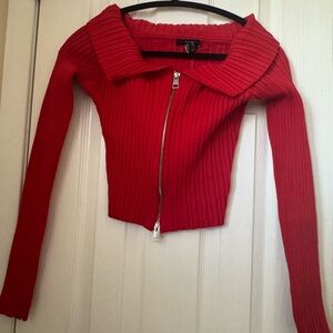 Red Ribbed Zip-Up Sweater